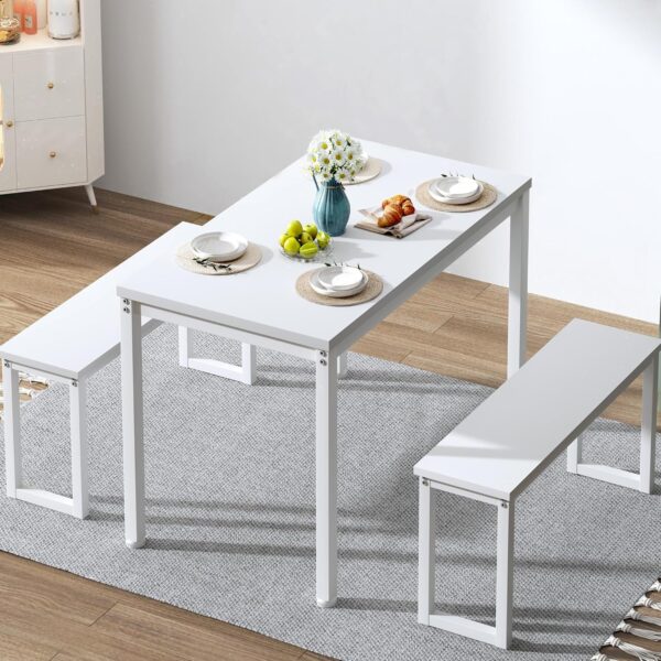 soges Kitchen Table Set with 2 Benches, White Dining Table Set for 4, 3 Piece Dining Room Table and Long Benches, Breakfast Table Coffee Table Set, Industrial Style Wooden Kitchen and Dining Room Set - Image 6