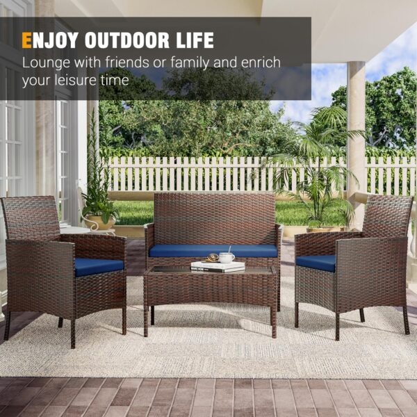 UDPATIO Patio Furniture 4 Pieces Outdoor Wicker Rattan Chair Balcony Conversation Sets Porch Furniture Sectional Loveseat w Cushions and Table for Backyard Pool Garden (Brown-Blue) - Image 6