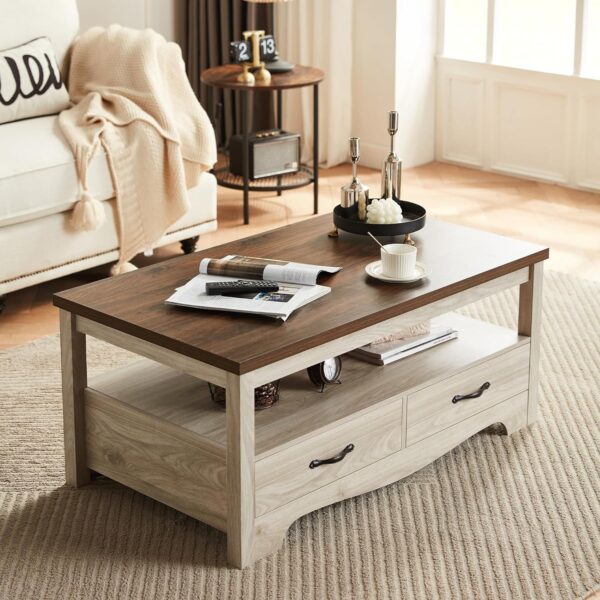 LINSY HOME Farmhouse Coffee Table with Storage, Wood Coffee Table for Living Room, Open Display Area and Storage Drawers with Metal Handles, Chic Style with Curved Base. Oak and Brown - Image 2