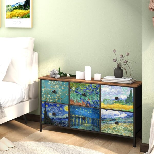 EXOTICA 6 Drawer Dresser for Bedroom Van Gogh Chest of Drawers Wide TV Stands Fabric Storage Drawer Unit for Living Room Entryway Closet Sturdy Steel Frame Wood Top - Image 7