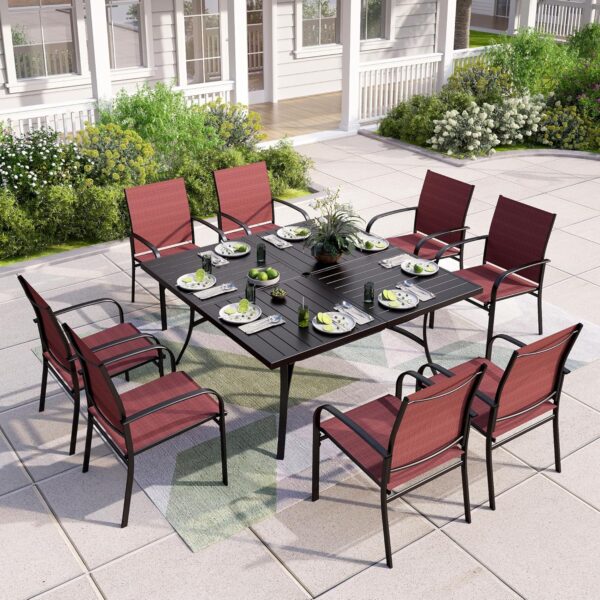 9-Piece Patio Dining Set, Outdoor Furniture Set with 8 Red Textilene Chairs and Large Square Table - Image 7
