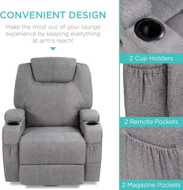 Best Choice Products Executive Linen Fabric Swivel Electric Massage Recliner Chair w/Remote Control, 5 Heat & Vibration Modes, 2 Cup Holders, 4 Pockets - Gray - Image 5