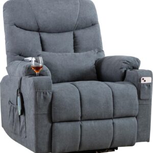Power Lift Recliner Chair with Massage & Heat for Elderly, Linen Fabric Lazy Recliner Sofa Chairs with Cup Holders/USB/Side Pockets for Living Room