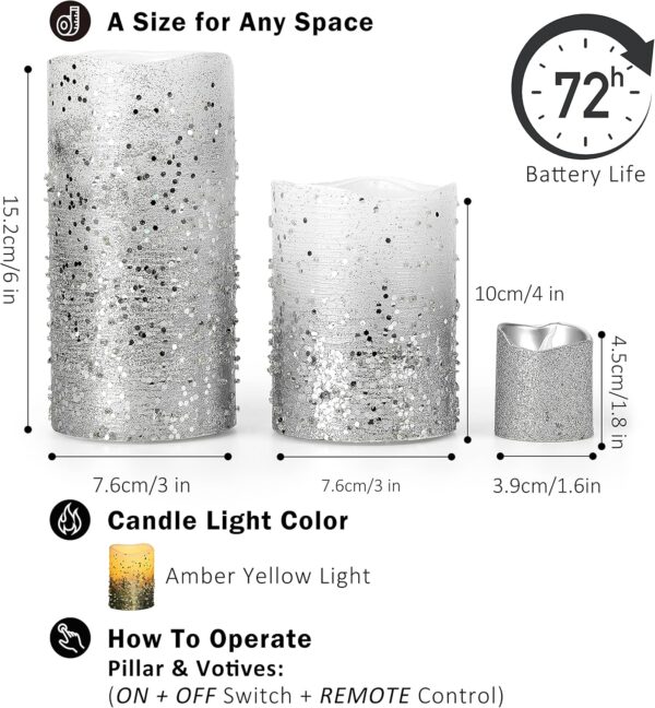 FURORA LIGHTING Silver Glitter LED Candles with Remote and Timer, 4 Pillars and 4 Votives Pack of 8, Real Wax Flameless Flickering Candles for Home Décor, Battery Included - Image 6