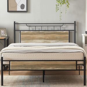 VECELO Queen Size Bed Frames with Wood Headboard,Strong Metal Slats Support for Platform,No Box Spring Needed,Easy Assembly,Slate Grey