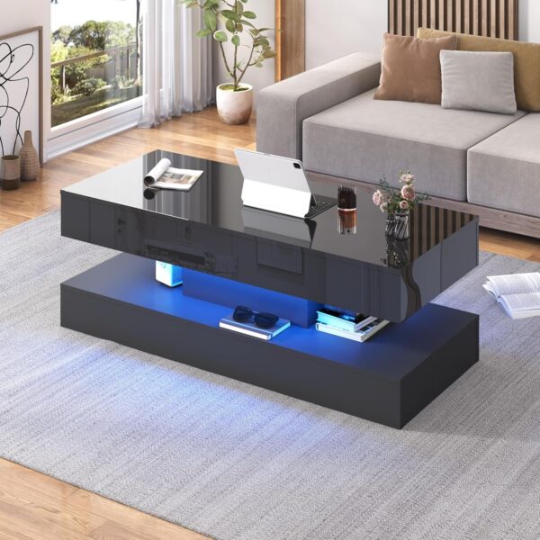 47.2" Large Lift Top Coffee Table,Modern High Glossy LED Coffee Tables for Living Room with Storage,Black Living Room Tables for Living Room,Dining Room,Bedroom Home Office,APP LED Lights - Image 4