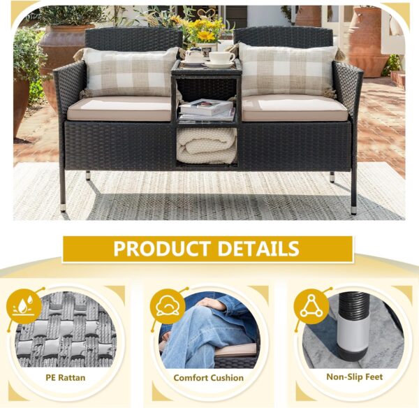 Devoko Outdoor Patio Loveseat Modern Rattan 2-Seat Patio Conversation Set with Cushions & Built-in Coffee Table Porch Furniture for Garden Lawn Backyard (Beige) - Image 5