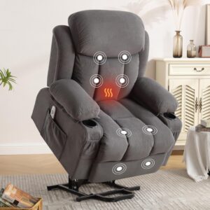Power Lift Recliner Chair with Heat and Massage Electric Fabric Recliner Chair for Elderly with Side Pocket, USB Charge Port, Remote Control for Living Room (Light Grey)