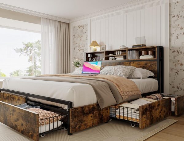 EnHomee Queen Bed Frame with 6 Storage Drawers Queen Bed Frame with Headboard Queen Size Bed Frame with Charging Station Queen Bed Frame with Storage No Noise,No Box Springs Needed,Vintage Brown - Image 7