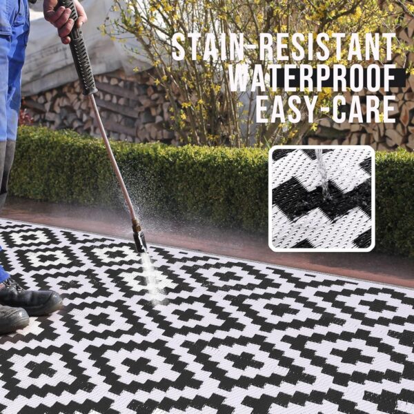 OLANLY Waterproof Outdoor Rug 5x8 ft, Reversible Plastic Straw Patio Rug for Camping, RV Mat Outside, Indoor Outdoor Carpet for Porch, Deck, Backyard, Camper, Balcony, Picnic, Black & White - Image 3