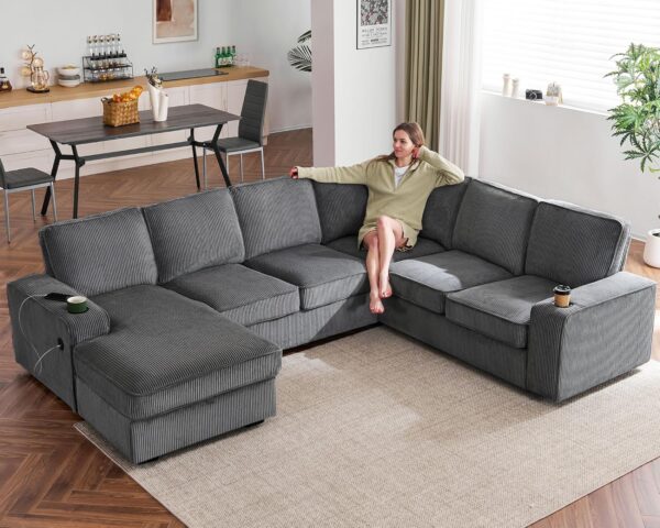 112 inch Sectional Sofa, Oversized Sofa with Storage Chaise, U Shaped Sofa Couch with USB Ports, Corduroy Couch—Grey - Image 6