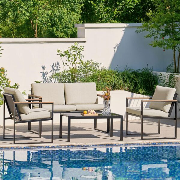 NATURAL EXPRESSIONS 4 Pieces Patio Furniture Sets,Metal Outdoor Patio Furniture Sets,Outdoor Sectional Furniture Patio Conversation Set,Wooden Anti-Scald Armrest,Sling Mesh,4" Olefin Cushions - Image 7
