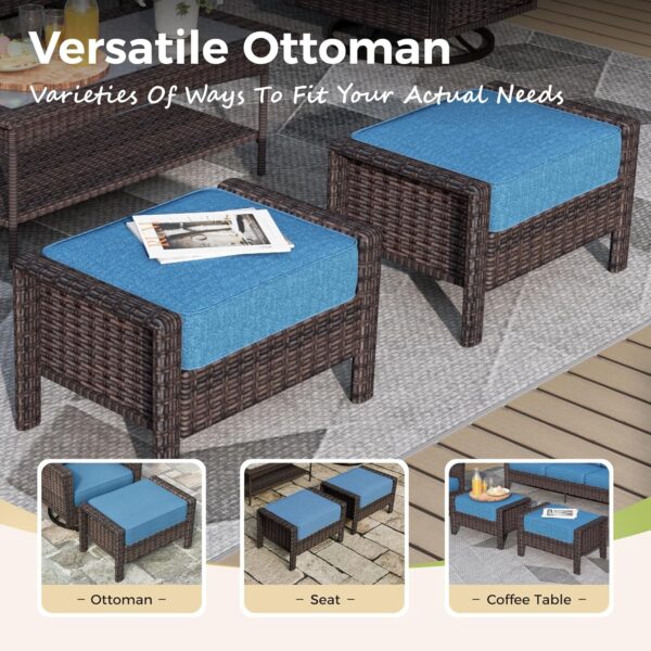 5-Piece Patio Furniture Set, Oversized Outdoor Wicker Sofa with High Back Swivel Chairs and Comfy Ottoman, Sectional Rattan Outdoor Conversation Set for Poolside Backyard Deck, Blue - Image 5