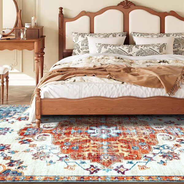 Area Rug 6x9 Living Room Rugs - Large Washable Vintage Floral Boho Area Rug Non-Slip Bedroom Rug Soft Low-Pile Oriental Indoor Carpet for Dining Room Office Nursery (OrangeNavy, 6'x9') - Image 6