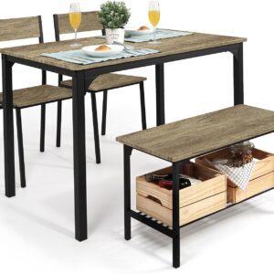 CAPHAUS 4 Pieces Dining Table Set for 4 w/Bench and Chairs, Modern Table Set for Dining Room, Home, Kitchen w/Storage Rack, Rectangle Table, Bench & Two Chairs, Space-Saving Dining Set, Grey Oak