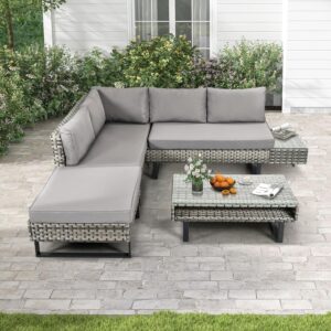DWVO Patio Furniture Set, Sectional L-Shaped Sofa, for Patio Backyard Poolside Porch, Wicker Conversation Set with Coffee Table & Cushions, Detachable Lounger, All-Weather Rattan, Grey