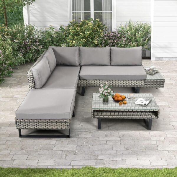 DWVO Patio Furniture Set, Sectional L-Shaped Sofa, for Patio Backyard Poolside Porch, Wicker Conversation Set with Coffee Table & Cushions, Detachable Lounger, All-Weather Rattan, Grey