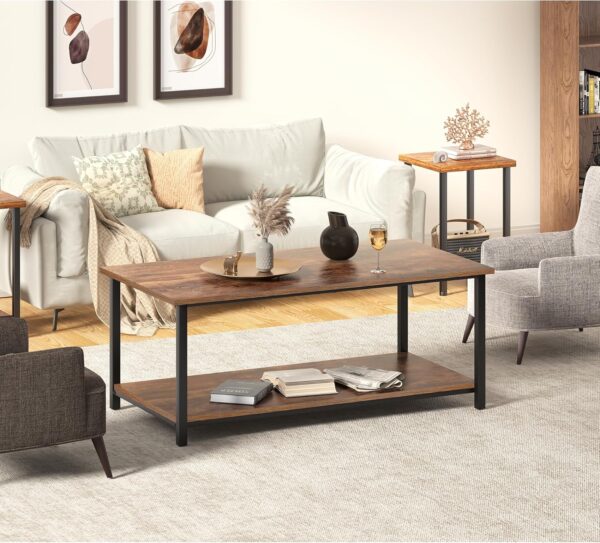 SENIG 2-Tier Coffee Table with Storage Shelf for Living Spaces, Brown Rectangle Wood and Sturdy Metal Side End Table, Functional Center Table for Living Room, 39.3 x 20 x 16 - Image 2