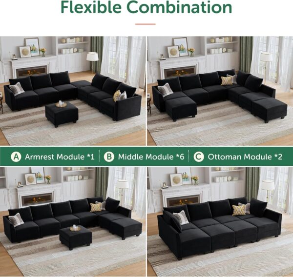 HONBAY Modular Sectional Sleeper Sofa Velvet Sectional Sleeper Couch with Storage Seats Oversized Sectional for Living Room,Black - Image 4