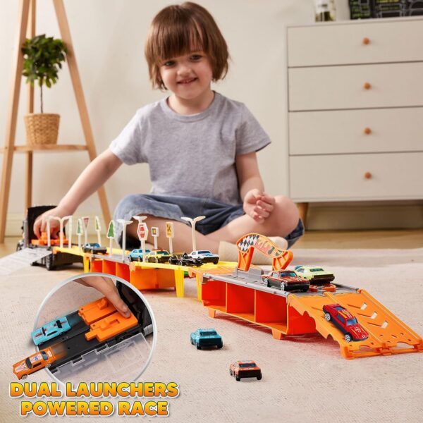 JOYIN Toy Truck for Kids,5-FT Race Track and 12 Die-Cast Metal Toy Cars, Racing Car with Lights & Sounds, Carrier Truck Toy Gift for 2 3 4 5 Years Old Boys and Girls - Image 3