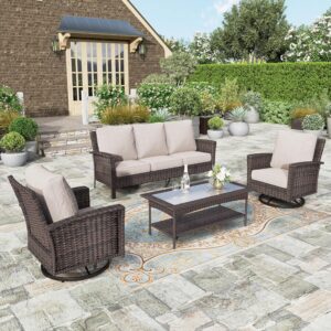 HERA'S HOUSE Patio Furniture Sets, High Back Swivel Chair with 5.5" Thick Cushions, 3-Seat Sofa with Table, 4-Piece Oversized Wicker Outdoor Conversation Set, Brown/Beige