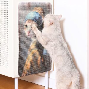Sisal Cat Scratcher Post Mat (Use on Wall, Couch and Carpet), Shedding-Resistant Scratching Surface - 21.7x13 with Hoop and Loop Adhesives, Pads and Twist Pins (Cat with A Pearl Earring)
