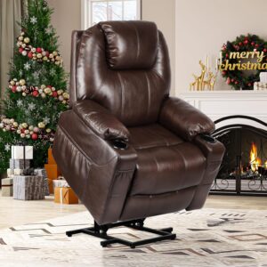 YITAHOME Power Lift Recliner Chair for Elderly, Lift Chair with Heat and Massage, Faux Leather Recliner Chair with 2 Cup Holders, Side Pockets & Remote Control for Living Room (Brown)