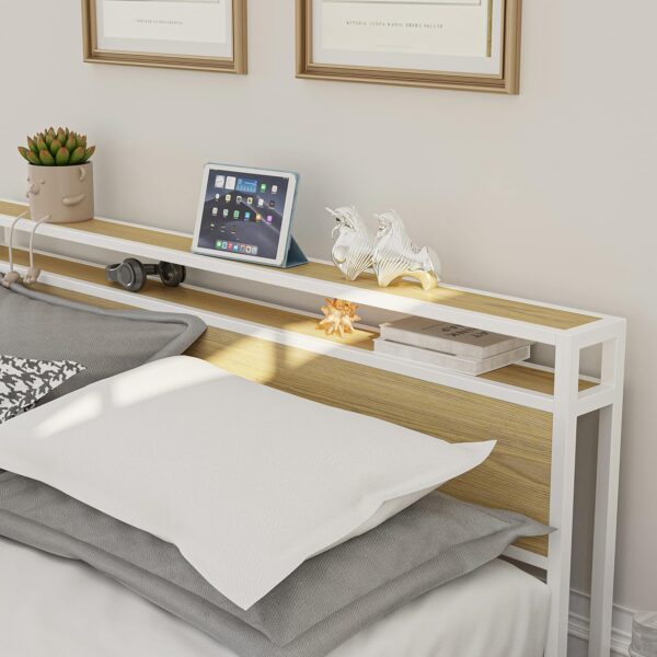 LIKIMIO Queen Bed Frame, Platform Bed Frame with 2-Tier Storage Headboard and Strong Support Legs, More Sturdy, Noise-Free, No Box Spring Needed, White and Log - Image 5