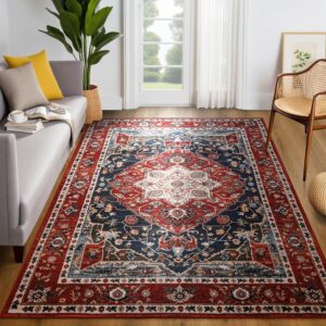 YJ.GWL Soft Large Area Rug 5x8 Washable Living Room Bedroom Rug, Non-Slip Vintage Accent Rugs for Dining Room Office Indoor Home Decor, Low-Pile Colorful Print Rug Floor Carpet, Red/Blue