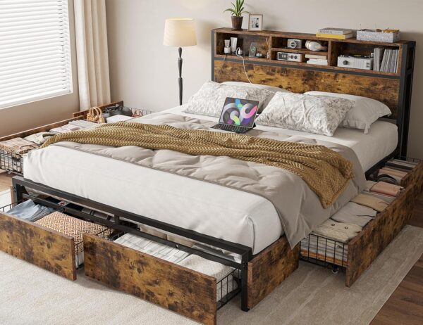 EnHomee Queen Bed Frame with 6 Storage Drawers Queen Bed Frame with Headboard Queen Size Bed Frame with Charging Station Queen Bed Frame with Storage No Noise,No Box Springs Needed,Vintage Brown - Image 3
