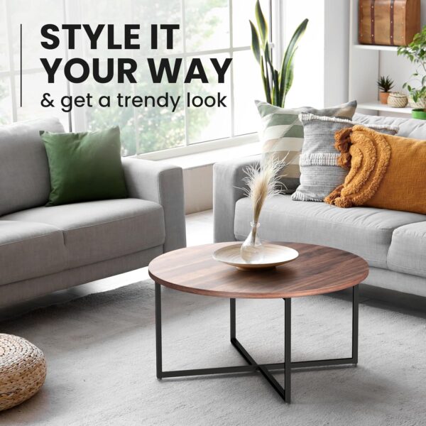 Round Coffee Table for Living Room | Circular Wooden Top and Metal Frame - Rustic Brown - Image 5