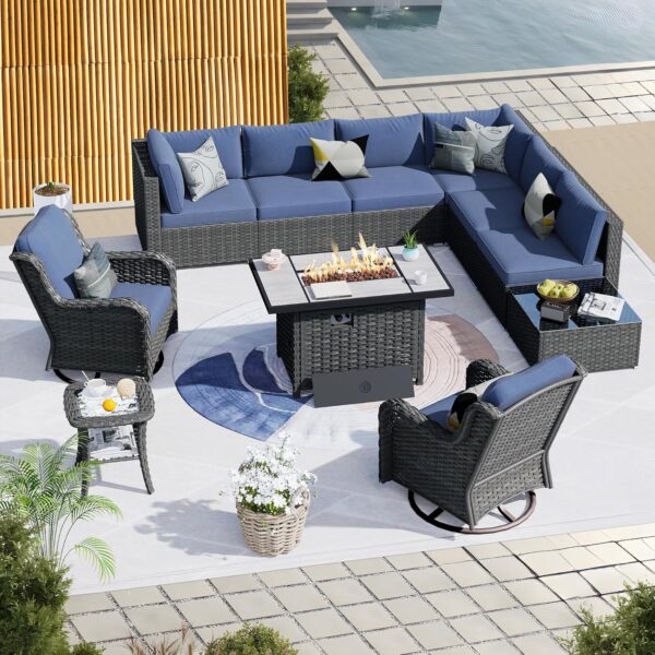 HOOOWOOO Patio Outdoor Sectional Furniture Sofa Set with Fire Pit Table,11 Piece L Shaped Wicker Couch Set with Swivel Chairs,Modern 8 Persons Summer Patio Conversation Set(Denim Blue)