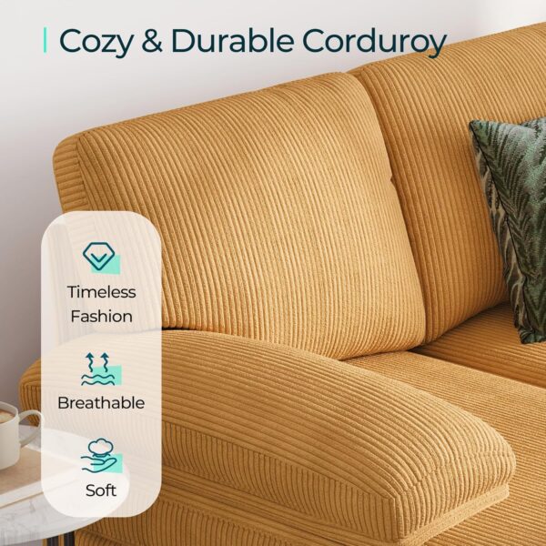 LINSY HOME U Sectional Couch, 111'' W Corduroy Sofa with Sleepable Armrests, 4 Seat Couch with Double Chaises, Deep Sofa for Living Room, Yellow - Image 5