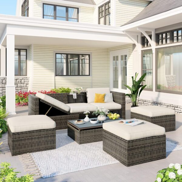 EMKK Patio Furniture Set,Outdoor Wicker ConversationSets,Rattan Sectional Sofa w/Ottomans and Lift Top Coffee Table,Seat Cushions for Backyard Porch Garden Poolside - Image 3