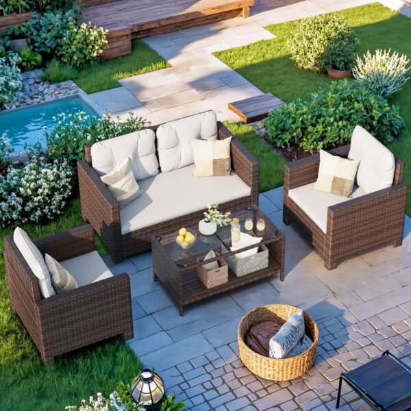 Homall 4 Pieces Patio Furniture Sets Rattan Chair Wicker Conversation Sofa Set, Outdoor Indoor Backyard Porch Garden Poolside Balcony Use (Beige) - Image 7