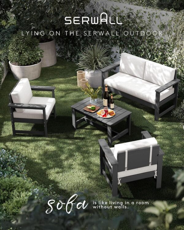 SERWALL 5 Pieces HDPE Outdoor Conversation Sofa Set with Cushions, Grey Frame and Khaki Cushion - Image 5