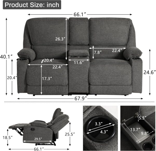 KIGOTY Reclining Sofa, 2 Seater Manual Recliner Sofa with Cup Holders, Manual Reclining Loveseat Home Theater Seating Sofa Couch Sets for Living Room, Dark Gray - Image 2