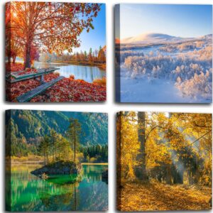 OKEXCKK Four Seasons Landscape Canvas Wall Art Decor - Spring Summer Autumn Winter Colorful Tree Painting Modern Nature Forest Prints Artwork Picture for Bathroom Office Decoration