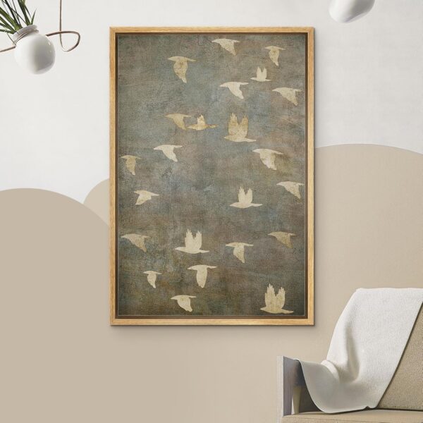 NWT Framed Canvas Print Wall Art Grunge Gold Flying Bird Collage Nature Wilderness Illustrations Modern Art Decorative Landscape Rustic Zen Colorful for Living Room, Bedroom, Office - 24"x36" NATURAL - Image 3