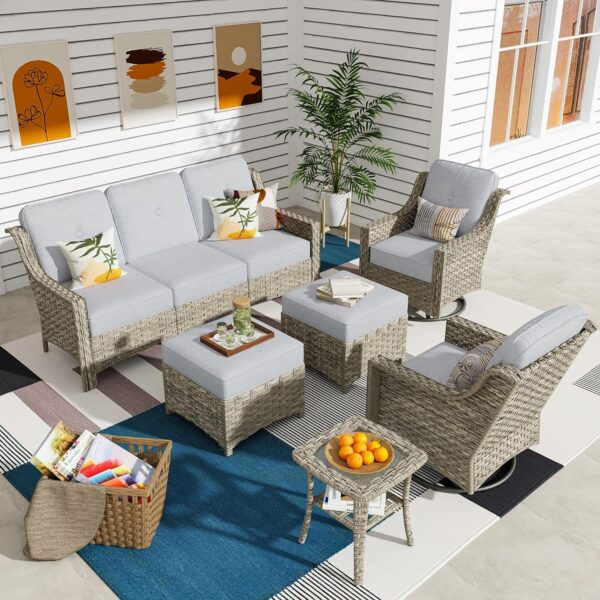 ovios 6 Piece Outdoor Patio Furniture with Cozy Comfortable Swivel Chair,Rattan Wicker Coversation Couch Set with 3 Seater Sofa,Sectional Set for Outside Patio Balcony Backyard Pool,Light Grey
