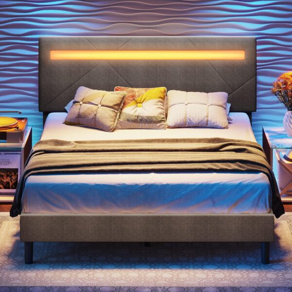 LIKIMIO Full Bed Frame with LED Lights(Smart APP Control), Upholstered Modern Platform Bed Frame, No Box Spring Needed/Noise-Free/Easy Assembly, Dark Grey