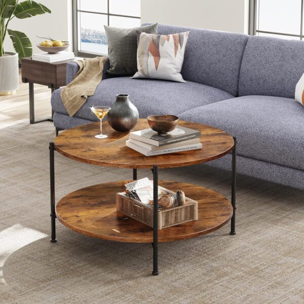 WLIVE Round Coffee Table, 32.6" Small Coffee Table with Open Storage Shelf, 2-Tier Industrial Circle Wood Center Table for Living Room, Rustic Brown - Image 2