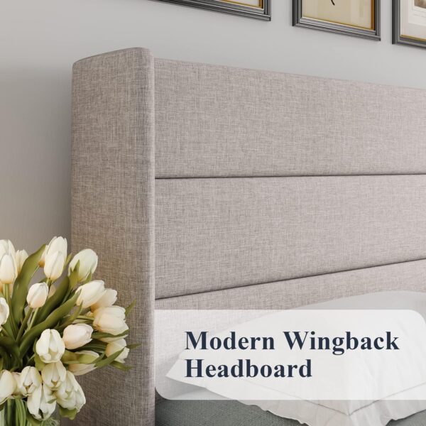 Allewie Full Size Lift Up Storage Bed, Modern Wingback Headboard, No Box Spring Needed, Hydraulic Storage, Light Beige - Image 4