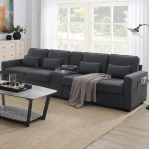 114.2" Upholstered Sofa with Storageable Coffee Table and 2 Cupholders, 2 USB Ports Wired or Wirelessly Charged, Modern Linen Fabric Couches for Living Room, Apartment (4-Seat)