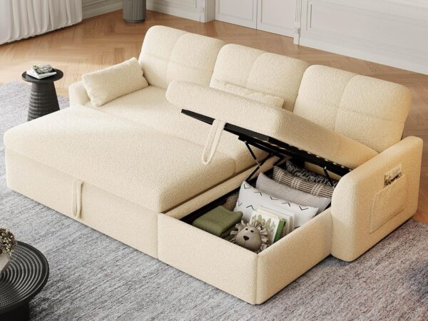 YITAHOME 86" Sleeper Sofa, 2 in 1 Convertible Sofa Bed with Pull Out Couch Bed and Storage Chaise, L-Shape Sectional Sofa for Living Room, Teddy Fleece, Beige - Image 6