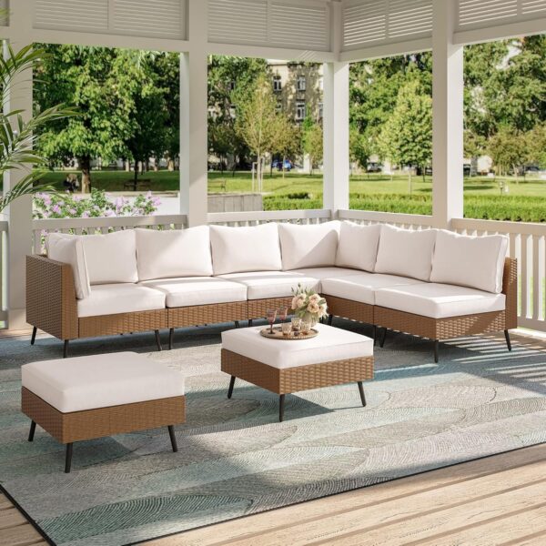 LAUSAINT HOME Outdoor Patio Furniture, 8 Piece Outdoor Sectional Sofa PE Rattan Wicker Patio Conversation Sets,All Weather Patio Furniture Set with Thick Cushions for Garden, Poolside, Backyard(Beige) - Image 5