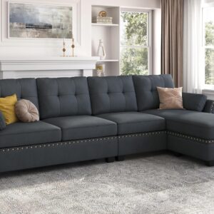 HONBAY Velvet Convertible Sectional Sofa L Shaped Couch with Storage Ottoman Reversible Sectional Couch Sofa for Small Space,Black