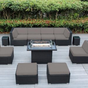 Fully Assembled Sectional 11 Piece Ohana Outdoor Patio Furniture Sunbrella Taupe Black Wicker Conversation Set with 42-inch Propane Gas Fire Table