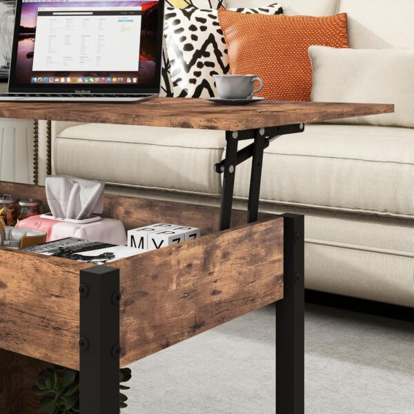 Industrial Lift Top Coffee Table with Hidden Storage Compartment & Storage Shelf, Dining Center Table for Living Room Reception Room, Rustic Brown and Black, Easy Assembly - Image 6
