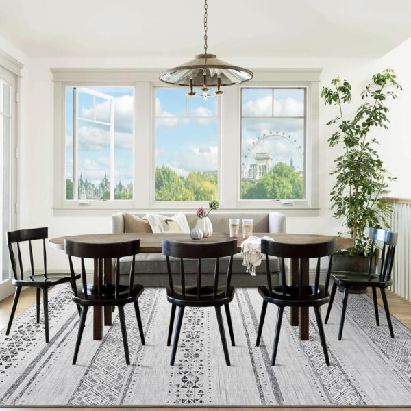 Area Rugs 9x12 Living Room: Large Machine Washable Rug with Non-Slip Backing Stain Resistant Soft Geometric Moroccan Carpet for Bedroom Dining Nursery Room Home Office - Gray/Ivory - Image 2